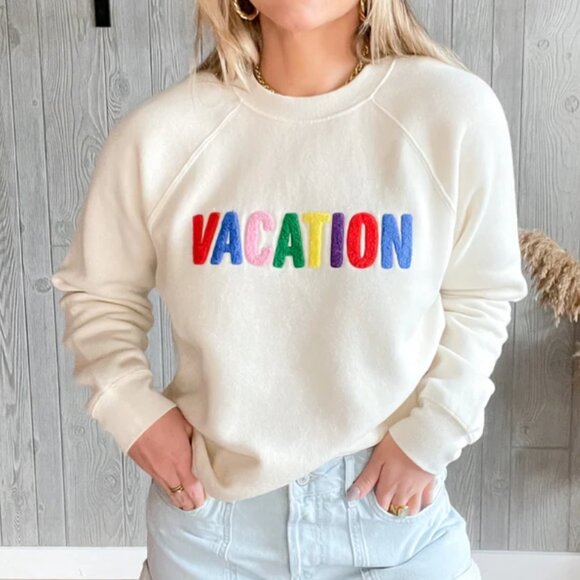Z Supply Vacation Crewneck Sweatshirt Size S Spell Out Texture Ivory Rainbow - Picture 1 of 8